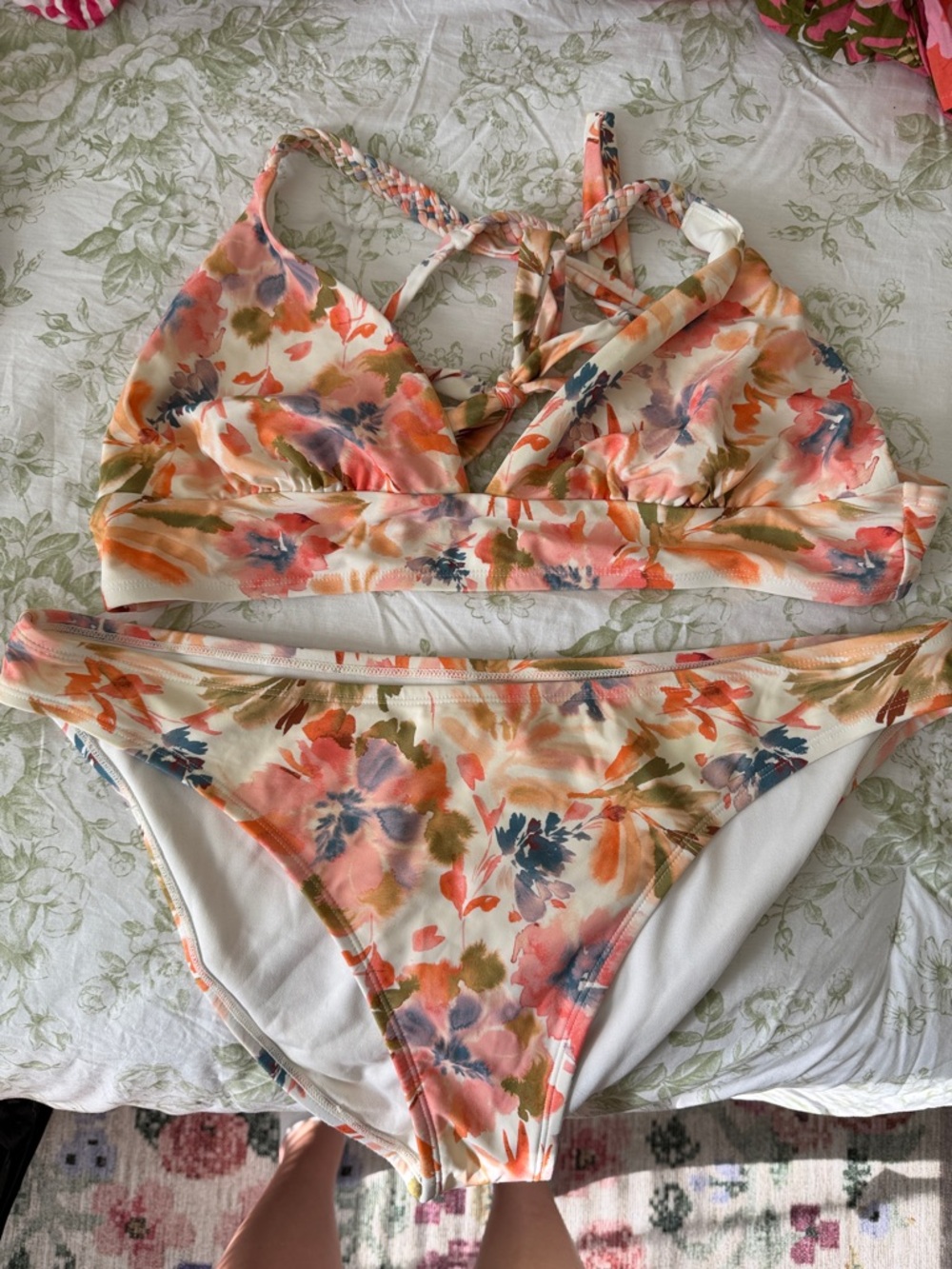 Floral Print Strappy Bikini Set - Cream/Coral
